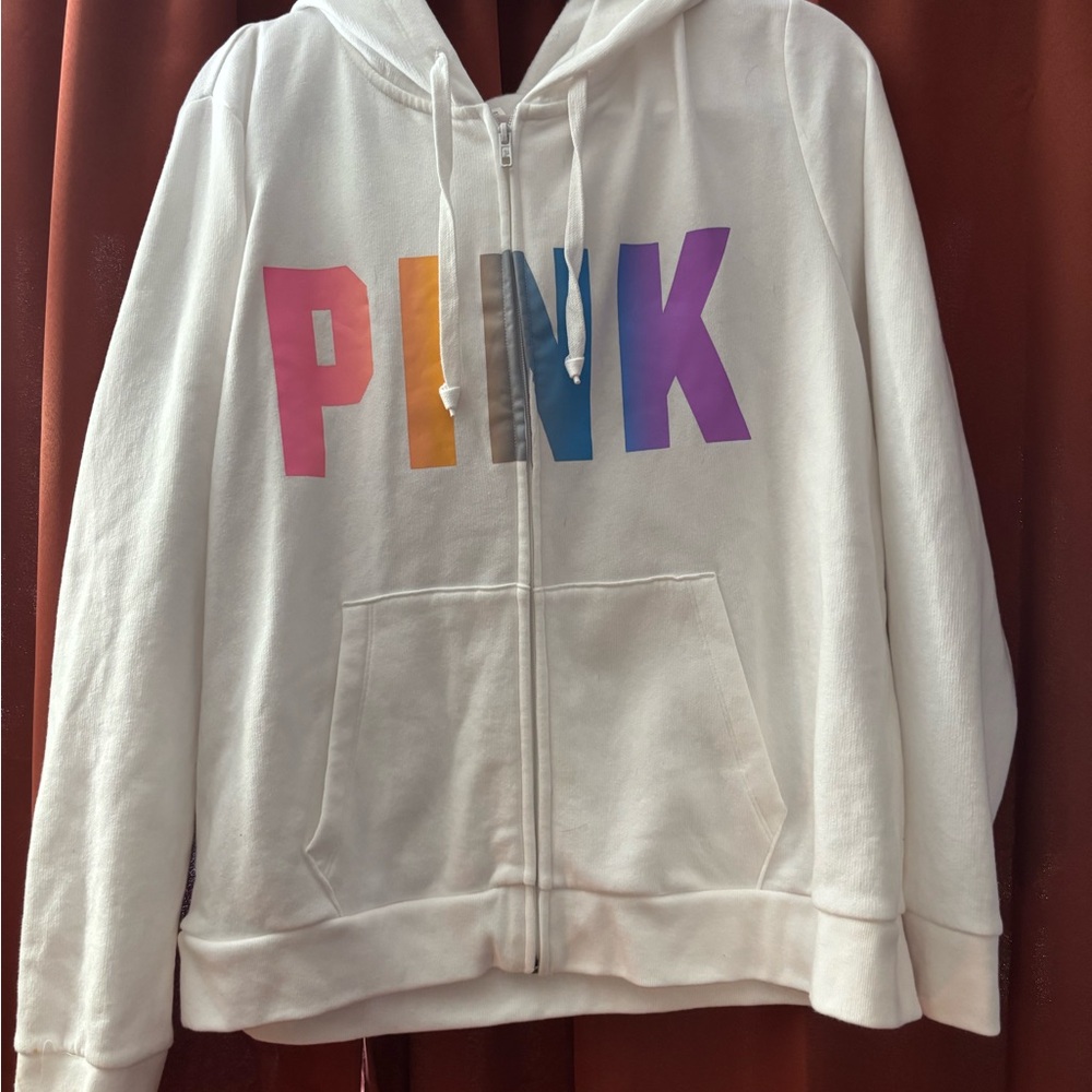 PINK Victoria's Secret White Hoodie and jogger pants set with Multicolor Logo - Picture 2 of 6